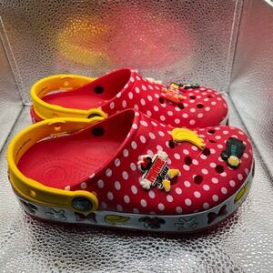 Minnie Mouse Crocs Kids J2 Red White Polka‎ Dot Disney Clogs with Charms